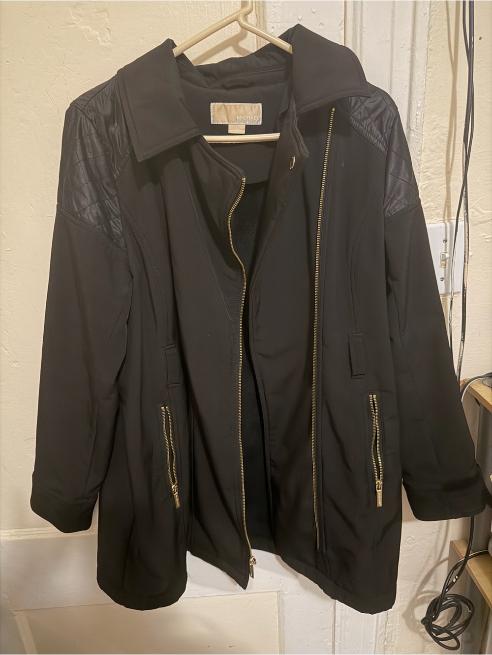 Michael Kors Black Trench Coat with Quilted Shoulders and Gold Zippers